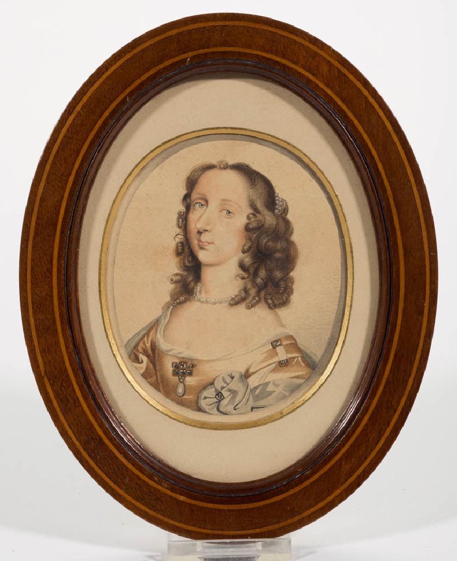 GEORGE PERFECT HARDING (BRITISH, 1780-1850) MINIATURE: GEORGE PERFECT HARDING (BRITISH, 1780-1850) MINIATURE PORTRAIT OF AN ENGLISH NOBLEWOMAN, watercolor and ink on paper, bust-length depiction of elegant, brown-haired sitter wearing low-cut gown and pea