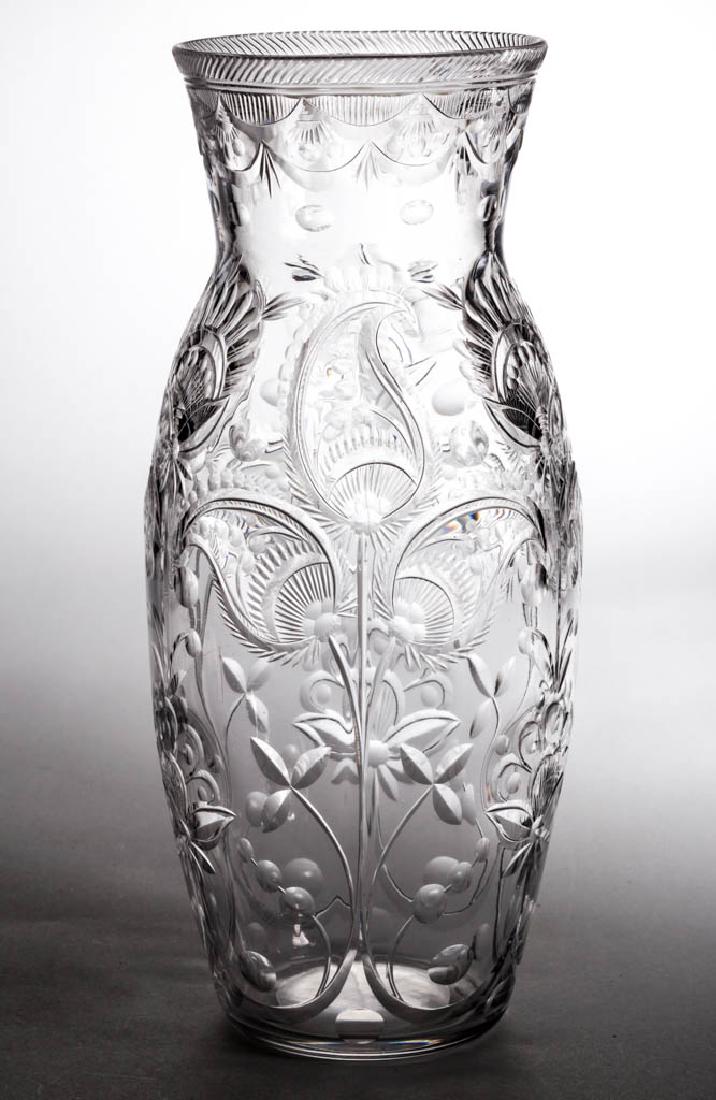 ENGLISH ROCK CRYSTAL CUT GLASS VASE: ENGLISH ROCK CRYSTAL CUT GLASS VASE, colorless lead glass, ovoid form with a slightly flaring neck and mouth, ornate stylized floral design, polished pontil mark. Probably Thomas Webb & Sons. First qu