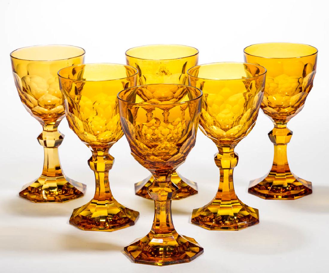 CUT HONEYCOMB WINE GLASSES, SET OF SIX: CUT HONEYCOMB WINE GLASSES, SET OF SIX, honey amber, each round funnel bowl raised on a cut hexagonal stem with upper knop and flared foot polished to underside. Fourth quarter 19th/first quarter 20th