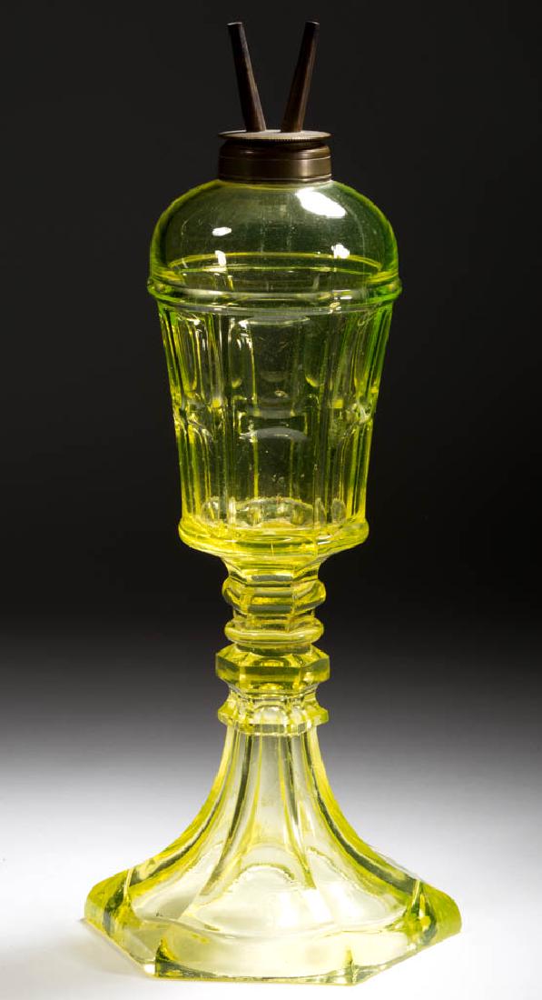 UNRECORDED PRESSED BIGLER WHALE OIL / FLUID STAND LAMP: UNRECORDED PRESSED BIGLER WHALE OIL / FLUID STAND LAMP, canary yellow (reacts under black light), cylindrical six-panel font with domed top and hexagonal lower extension, raised on a large hexagonal k