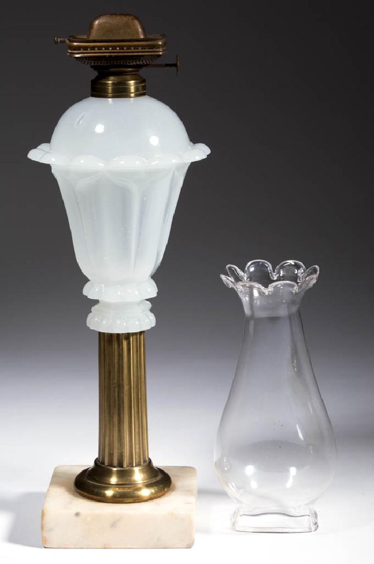 PRESSED TULIP FONT WHALE OIL / FLUID STAND LAMP: PRESSED TULIP FONT WHALE OIL / FLUID STAND LAMP, alabaster/clambroth with glossy surface, dome-top font with 12 protruding petals below the shoulder and a short hexagonal lower extension with 12 beads