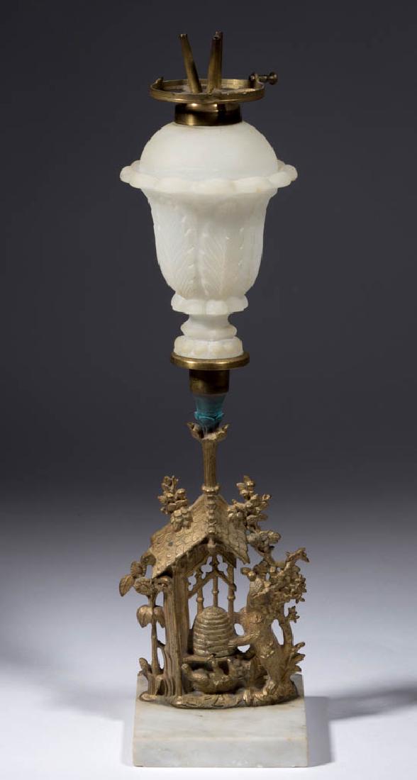PRESSED ACANTHUS LEAF FONT WHALE OIL / FLUID STAND LAMP: PRESSED ACANTHUS LEAF FONT WHALE OIL / FLUID STAND LAMP, alabaster/clambroth with a sanded surface, dome-top font with lower extension, raised on a Starr, Fellows and Co. girandole depicting a mother 