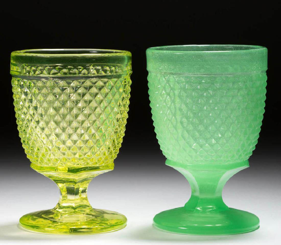 DIAMOND POINT / SHARP DIAMOND (OMN) EGG CUPS / POMADES,: DIAMOND POINT / SHARP DIAMOND (OMN) EGG CUPS / POMADES, LOT OF TWO, canary yellow(reacts under black light) and translucent jade green, each with a deep cup raised on hexagonal stems and plain circula