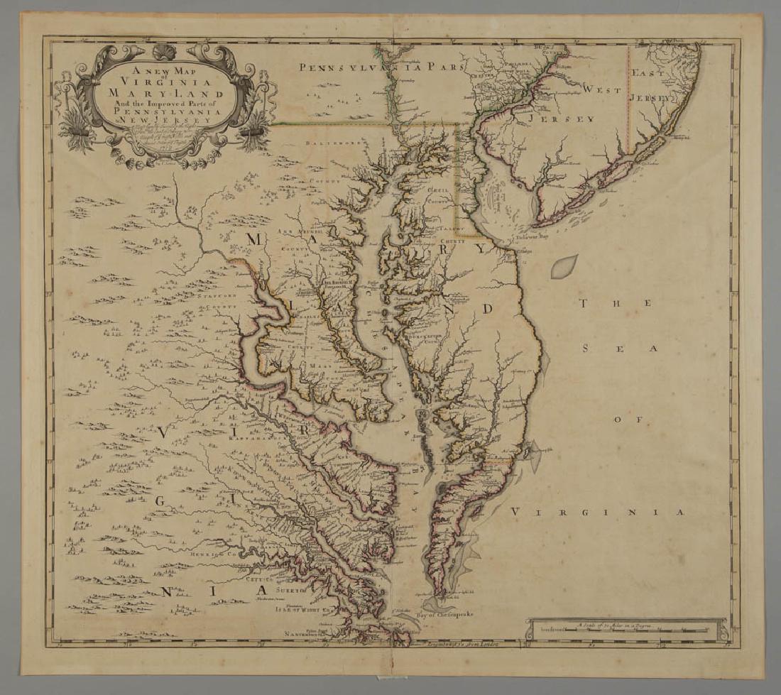 AFTER AUGUSTINE HERMAN (BOHEMIAN / CZECH, C. 1621 TO: AFTER AUGUSTINE HERMAN (BOHEMIAN / CZECH, C. 1621 TO 1686) MAP OF VIRGINIA, MARYLAND, PENNSYLVANIA, AND NEW JERSEY, hand-colored, on laid paper, title in cartouche to upper left corner "A NEW MAP / of