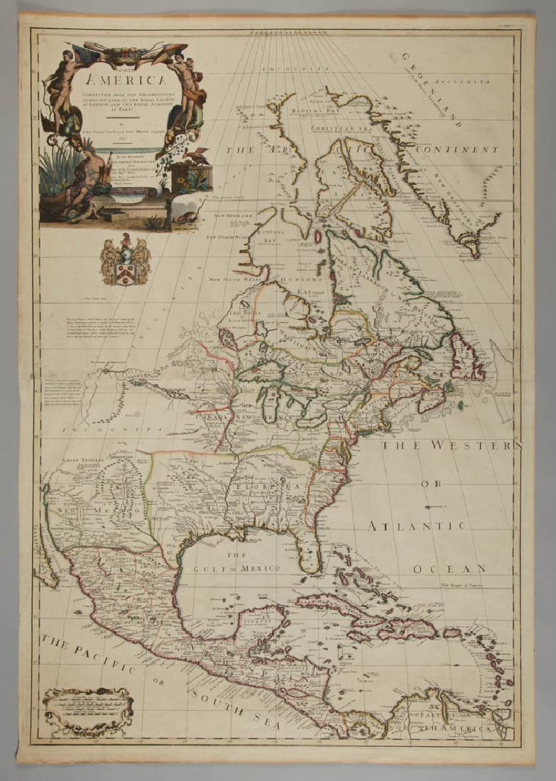 JOHN SENEX (ENGLISH, 1678-1740), MAP OF NORTH AMERICA: JOHN SENEX (ENGLISH, 1678-1740), MAP OF NORTH AMERICA, hand-colored, on laid paper, title in cartouche in upper left corner, lettered in part "NORTH / AMERICA / CORRECTED FROM THE OBSERVATIONS / COMMU