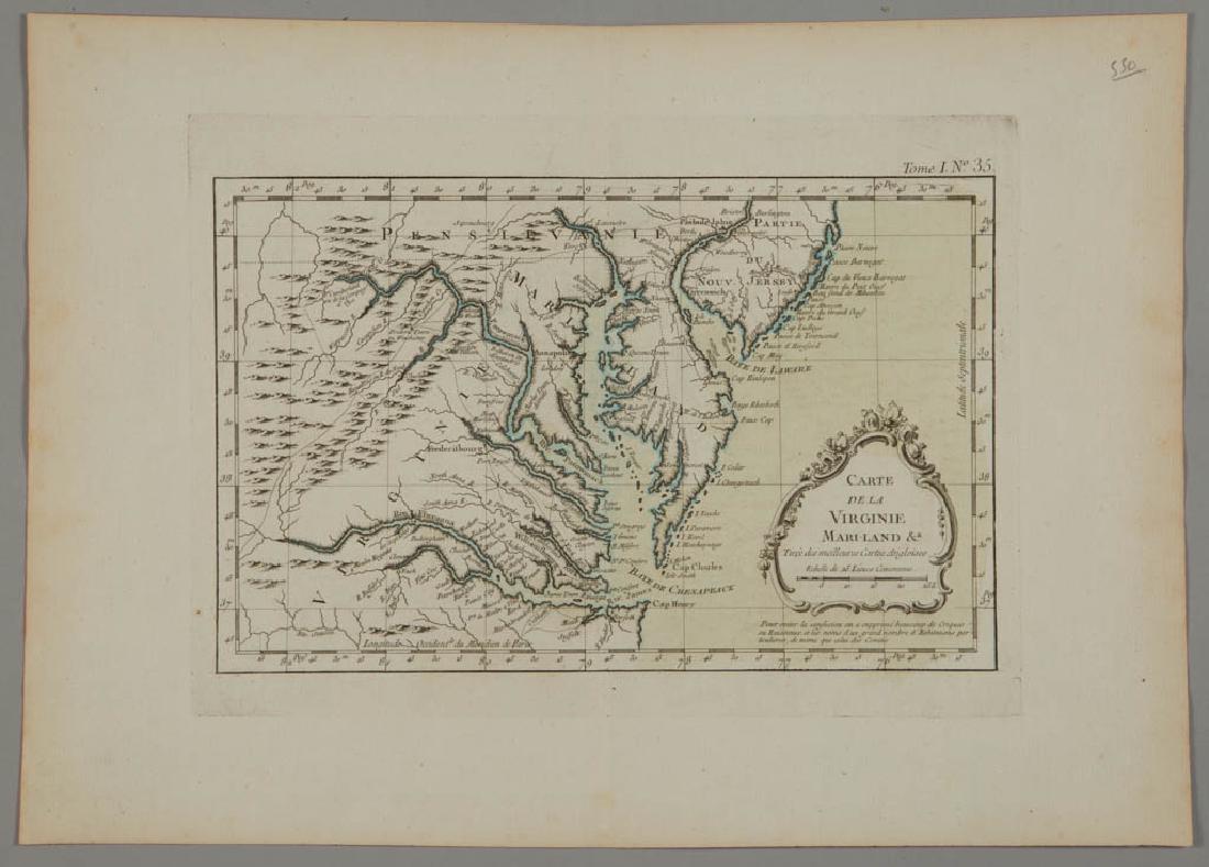 JACQUES NICOLAS BELLIN (FRENCH, 1703-1772) MAP OF: JACQUES NICOLAS BELLIN (FRENCH, 1703-1772) MAP OF VIRGINIA AND MARYLAND, hand-colored, on laid paper, title to cartouche in lower right corner "CARTE / DE LA / VIRGINIE / MARI-LAND", with scale, upper