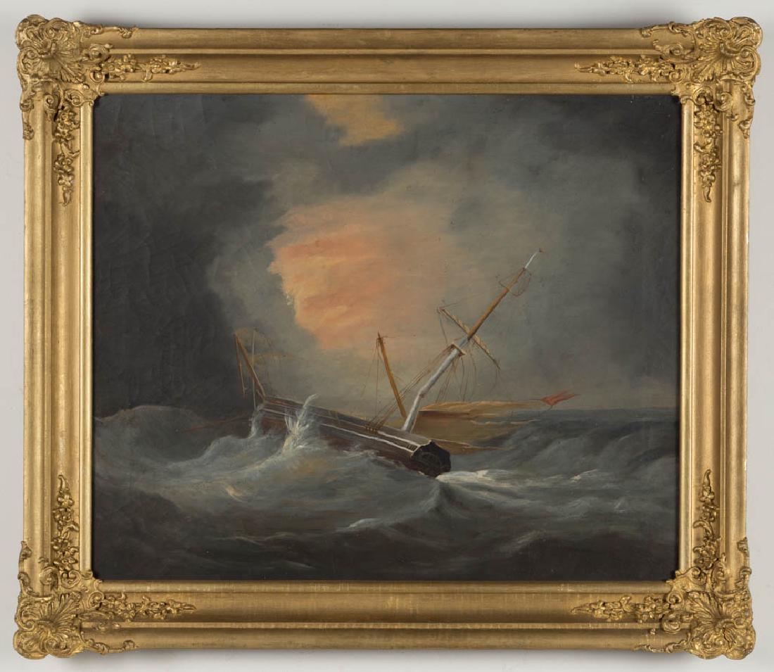 AMERICAN SCHOOL (19TH CENTURY) MARINE PAINTING: AMERICAN SCHOOL (19TH CENTURY) MARINE PAINTING, oil on canvas, ship in distress, no signature located, NY canvas stamp verso for "S. N. DODGES / ARTIST & PAINTERS / SUPPLY STORE". Housed in a 19th-cen