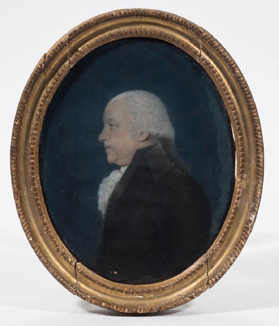 JAMES SHARPLES (BRITISH / AMERICAN, 1751-1811) PORTRAIT: JAMES SHARPLES (BRITISH / AMERICAN, 1751-1811) PORTRAIT OF A GENTLEMAN, pastel on paper, silver-haired figure in profile against a blue background, no signature located. Housed under glass in a period