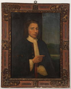 AMERICAN SCHOOL (18TH CENTURY) PORTRAIT OF A GENTLEMAN: AMERICAN SCHOOL (18TH CENTURY) PORTRAIT OF A GENTLEMAN, oil on canvas, according to family tradition, the subject is Joseph Kellogg (New York/Massachusetts, 1691-1756), no signature located. Housed in