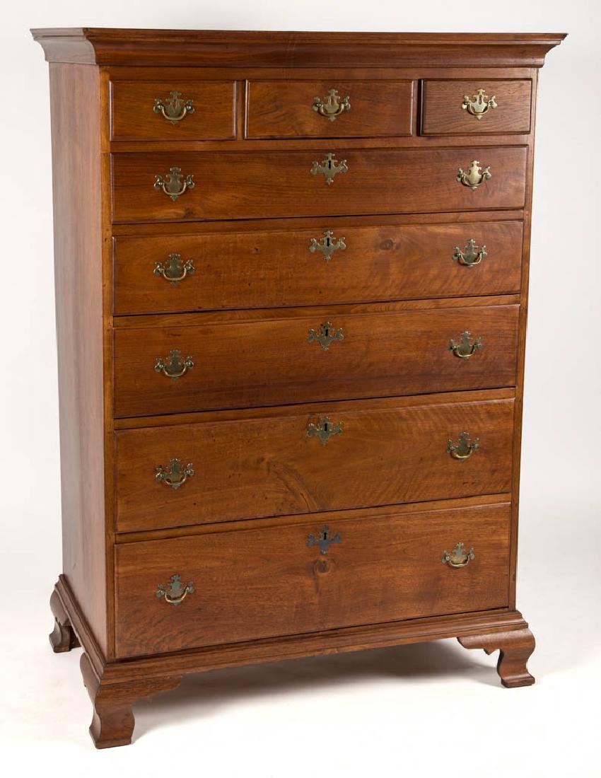 MID-ATLANTIC CHIPPENDALE DIMINUTIVE TALL CHEST OF: MID-ATLANTIC CHIPPENDALE DIMINUTIVE TALL CHEST OF DRAWERS, two-board top with applied cove-molded cornice, above a configuration of three over five graduated lip-molded drawers, flanked by scratch-bea