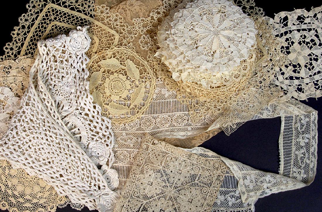 ASSORTED SILK, COTTON, AND LINEN LACE DRESS: ASSORTED SILK, COTTON, AND LINEN LACE DRESS ACCESSORIES, DOILIES, AND LACE YARDAGE, more than forty-five (45) pieces, including one bib style dress insert with collar measuring approximately 21" L; on