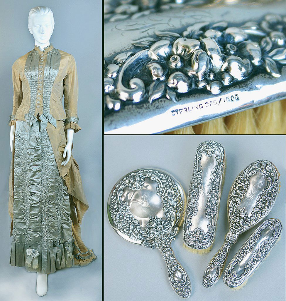 FRENCH COUTURE DRESS / BODICE AND SKIRT: FRENCH COUTURE DRESS / BODICE AND SKIRT, expertly tailored from gold silk moirÃ© taffeta and blue-grey satin. Entirely hand sewn. Pleated, ruched, and heavily draped bustle skirt with shallow, ruffl