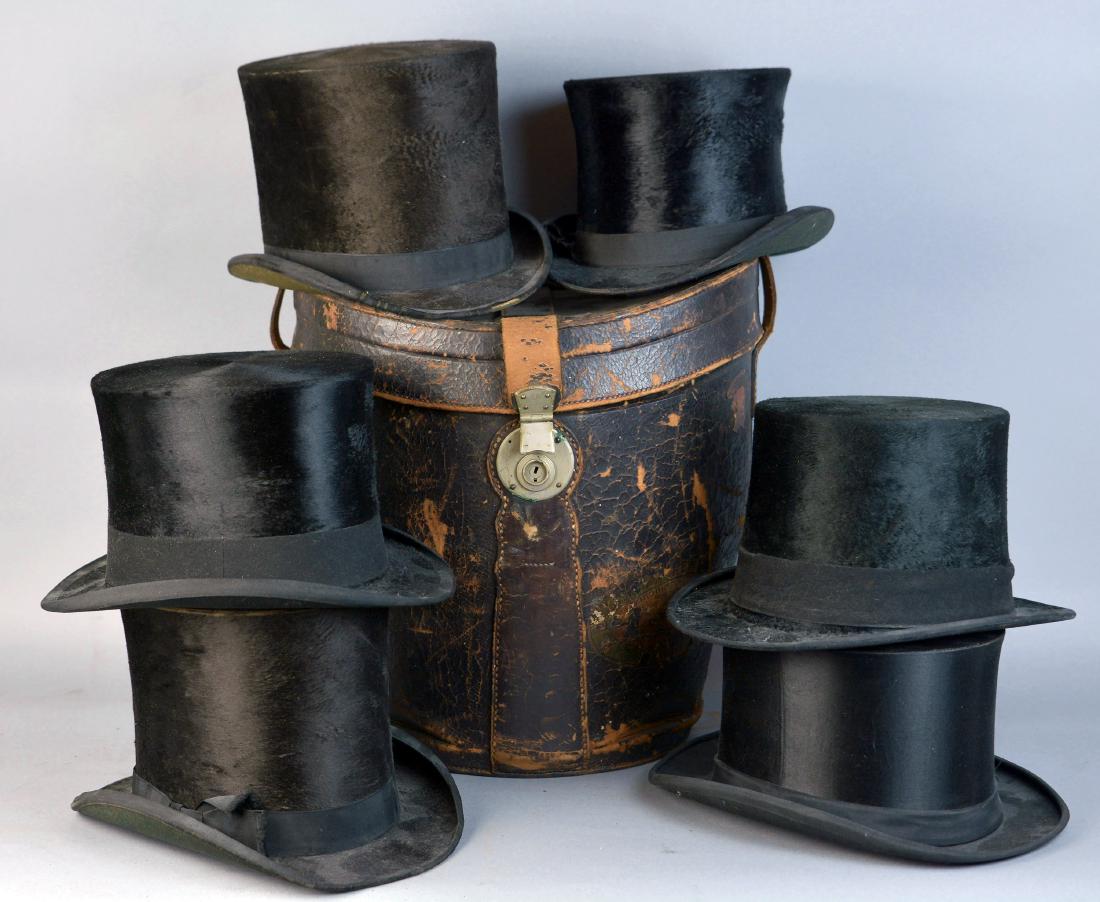 ASSORTED ANTIQUE TOP HATS, LOT OF SIX (1 of 2)