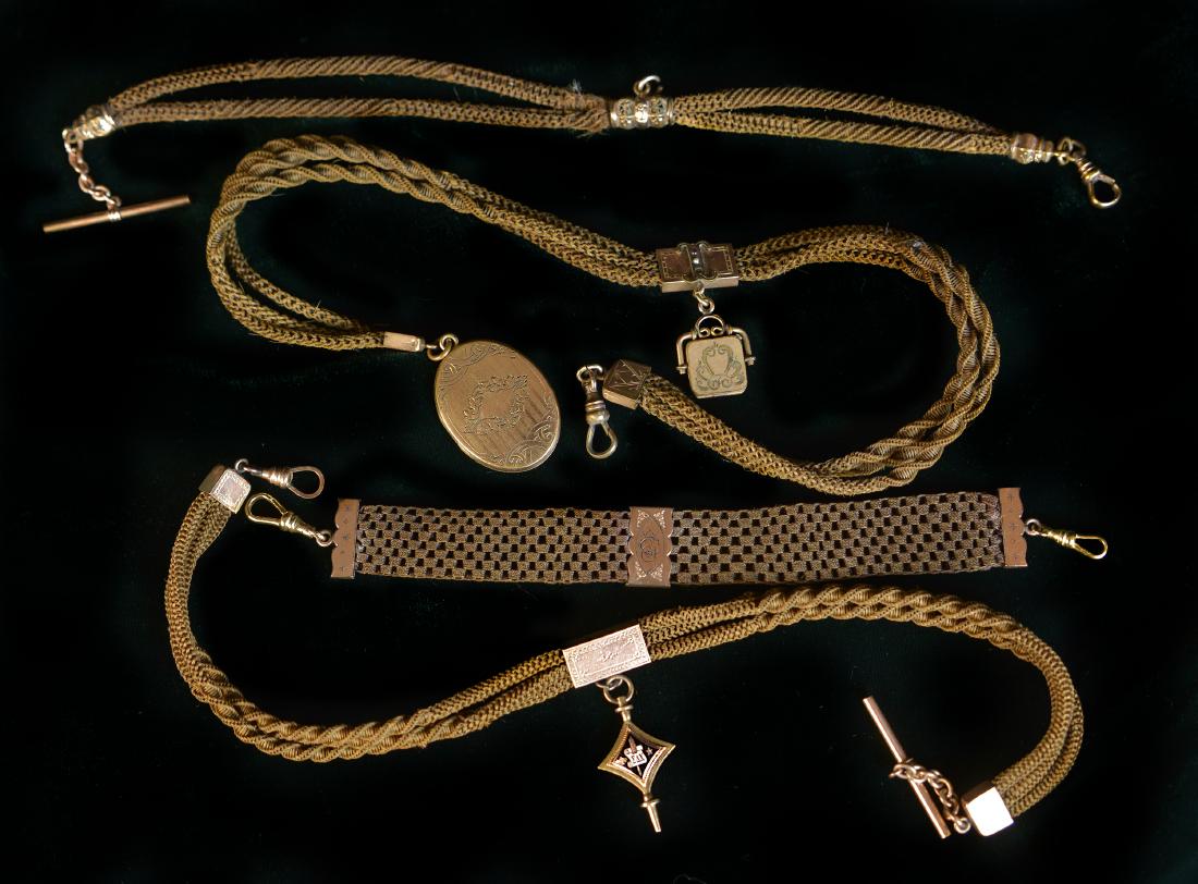 EDWARDIAN HAIR WATCH FOBS, LOT OF FOUR (1 of 2)