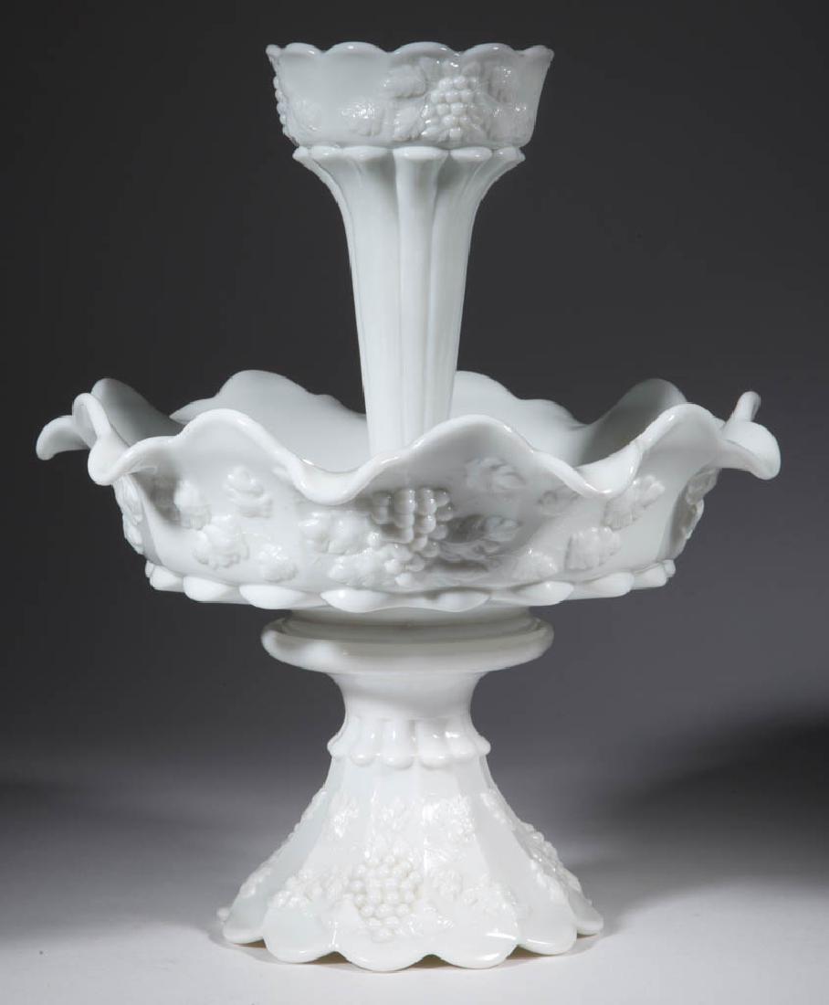 WESTMORELAND PANELLED GRAPE PEDESTAL EPERGNE: WESTMORELAND PANELLED GRAPE PEDESTAL EPERGNE, opaque white. Westmoreland Glass Co. Mid 20th century. 14 1/2" HOA, 12 1/2" DOA. Undamaged. Provenance: From a Bel Air, MD, collection.