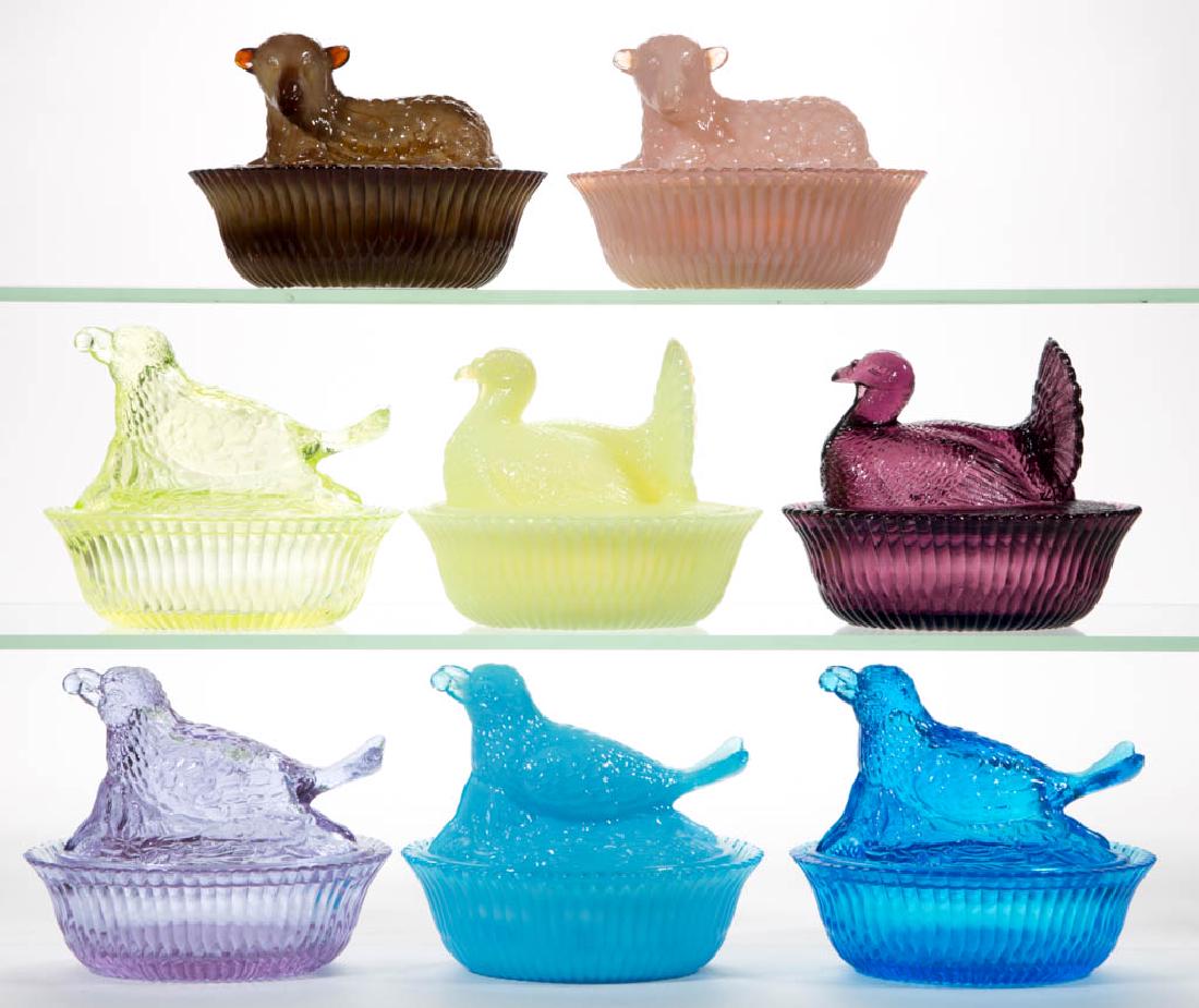 DEGENHART GLASS COVERED DISHES, LOT OF EIGHT: DEGENHART GLASS COVERED DISHES, LOT OF EIGHT, comprising four Bird with Berry, including an Alexandrite, a Milk Blue, and a Vaseline (reacts under black light), two Turkey, including one Lemon Chiffon