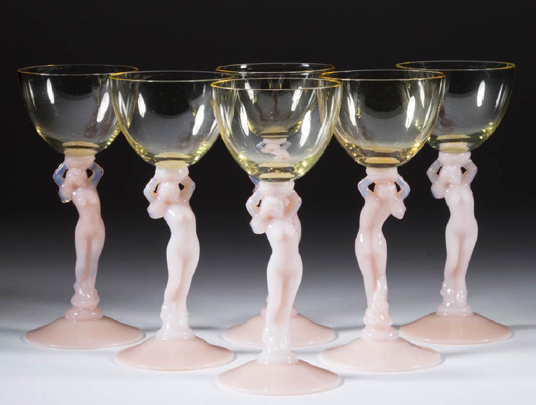 CAMBRIDGE NO. 3011 WINE GLASSES, LOT OF SIX: CAMBRIDGE NO. 3011 WINE GLASSES, LOT OF SIX, Crown Tuscan and Topaz bowls. Circa 1936. 6 1/2" H. Undamaged. Literature: Parallels NCC - Colors in Cambridge Glass, p. 119, 1st row fig. 3. Provenance: F