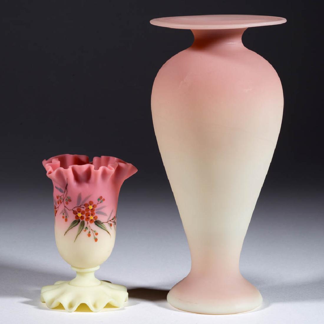ASSORTED BURMESE VASES, LOT OF TWO: ASSORTED BURMESE VASES, LOT OF TWO, comprising a baluster form with a wide flaring rim and a Thomas Webb pedestal vase with a ruffled rim and base, floral decoration. Thomas Webb & Sons. 1886-1895. Ba