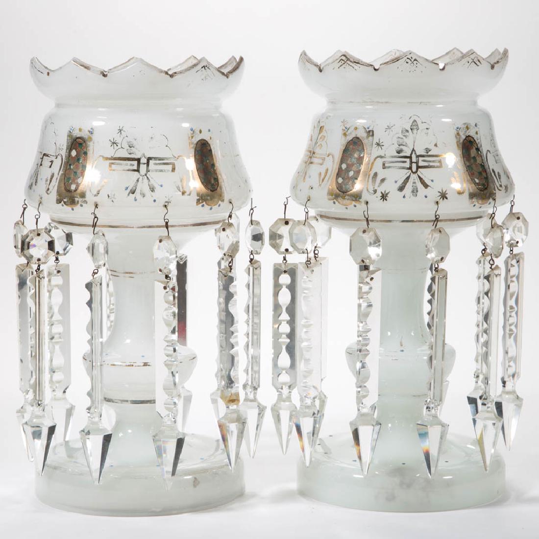 VICTORIAN DECORATED BRISTOL / OPALINE PAIR OF MANTLE: VICTORIAN DECORATED BRISTOL / OPALINE PAIR OF MANTLE LUSTERS, alabaster/clambroth with polychrome enamel and gilt decorations, each with pointed-scallop rim and hung with ten matching prisms. Fourth q