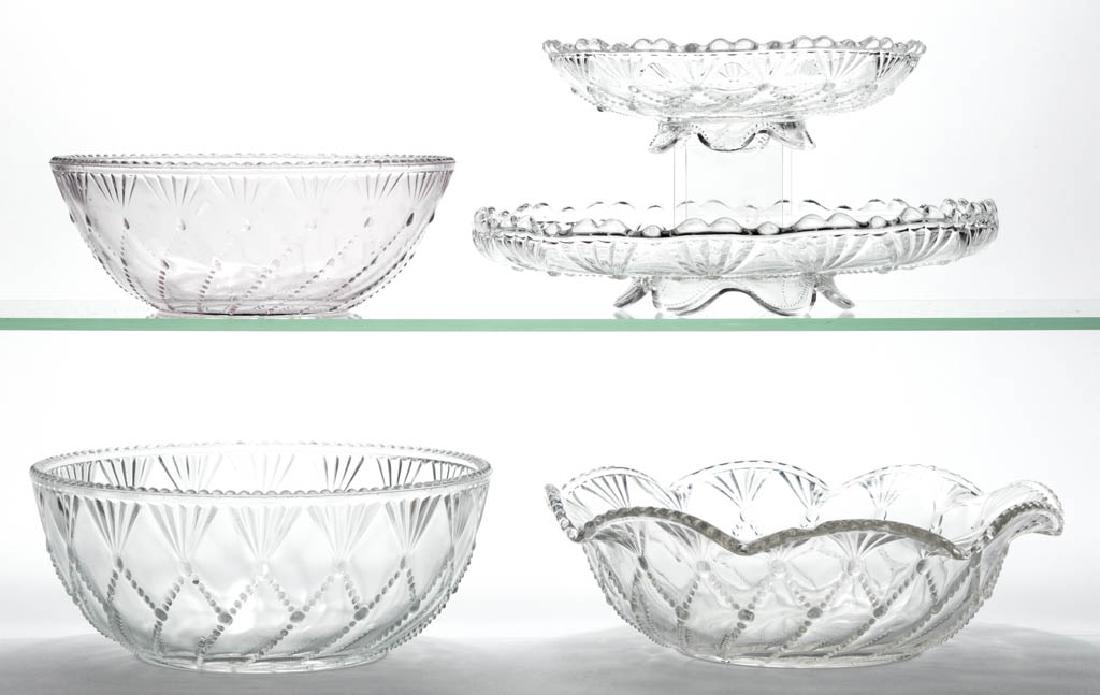 GREENTOWN NO. 350 / CORD DRAPERY TABLE ARTICLES, LOT OF: GREENTOWN NO. 350 / CORD DRAPERY TABLE ARTICLES, LOT OF FIVE, colorless, comprising three bowls with one having a gauffered rim and one having a light purple tint, a footed dish, and a footed tray. In