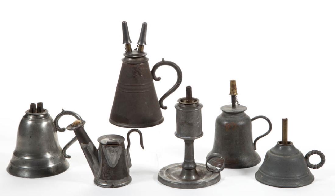 ASSORTED PEWTER AND SHEET-METAL WHALE OIL / FLUID: ASSORTED PEWTER AND SHEET-METAL WHALE OIL / FLUID LIGHTING DEVICES, LOT OF SIX, comprising five with handle and one with hanging hook marked "U.S.A. EAGLE" above a spread-wing eagle and "J. ANTON & SO