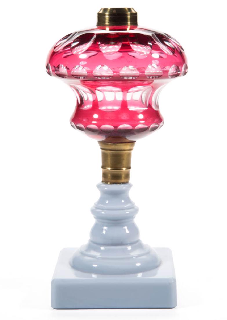 CUT OVERLAY PUNTY AND OVAL KEROSENE STAND LAMP (1 of 1)