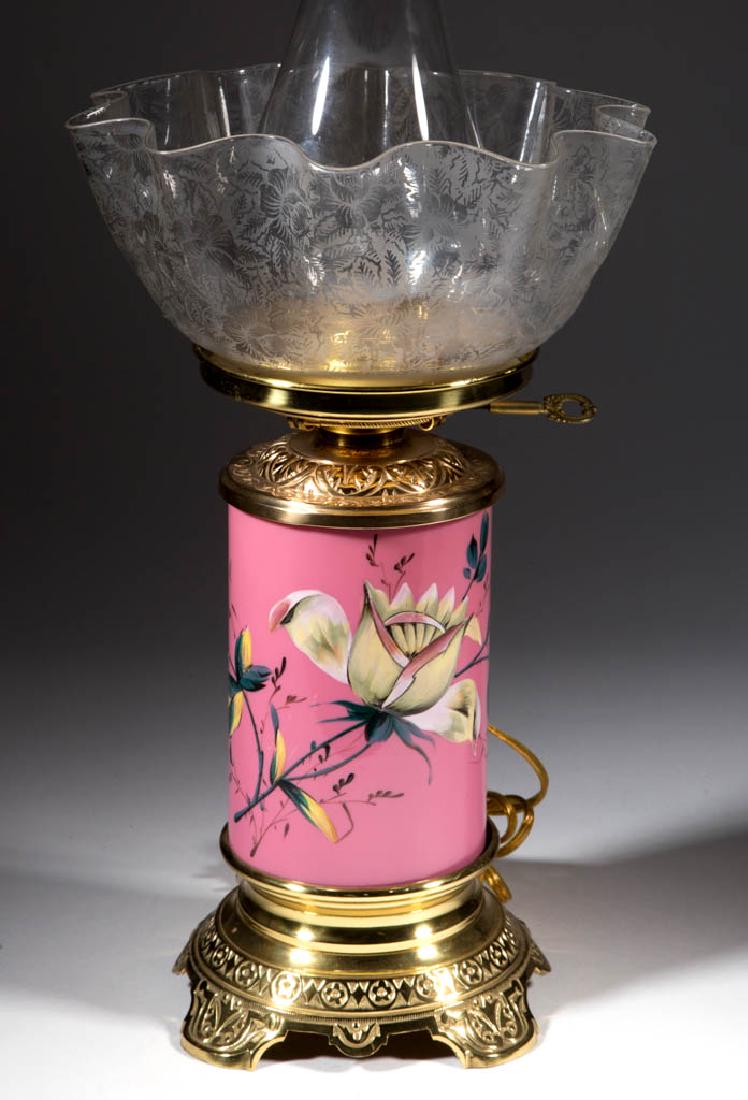 DECORATED OPAL KEROSENE PEDESTAL LAMP (1 of 3)