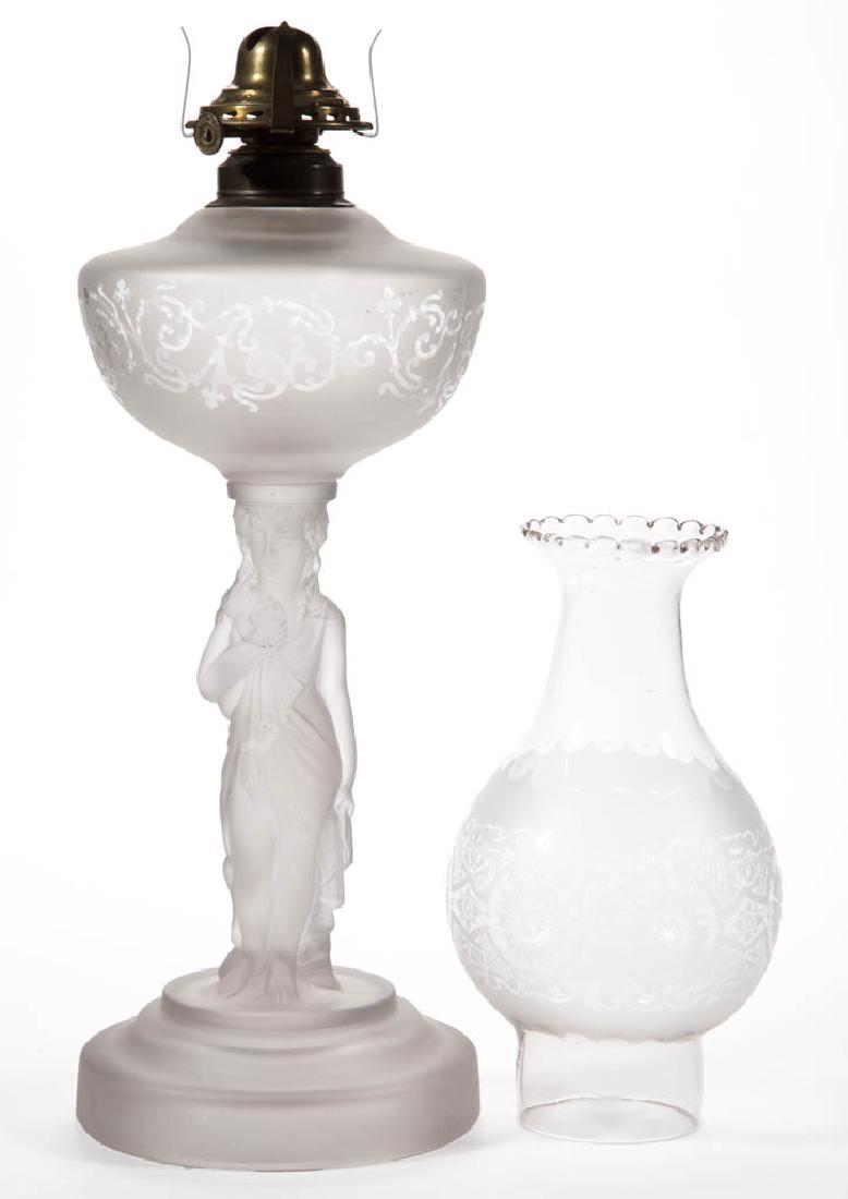 FROSTED MADONNA-TYPE FIGURAL STEM KEROSENE STAND LAMP (1 of 2)