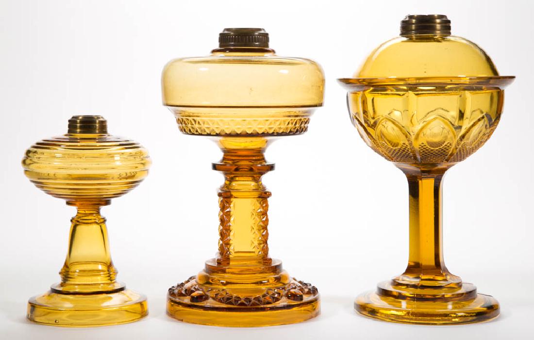 ASSORTED PATTERN KEROSENE STAND LAMPS, LOT OF THREE (1 of 1)