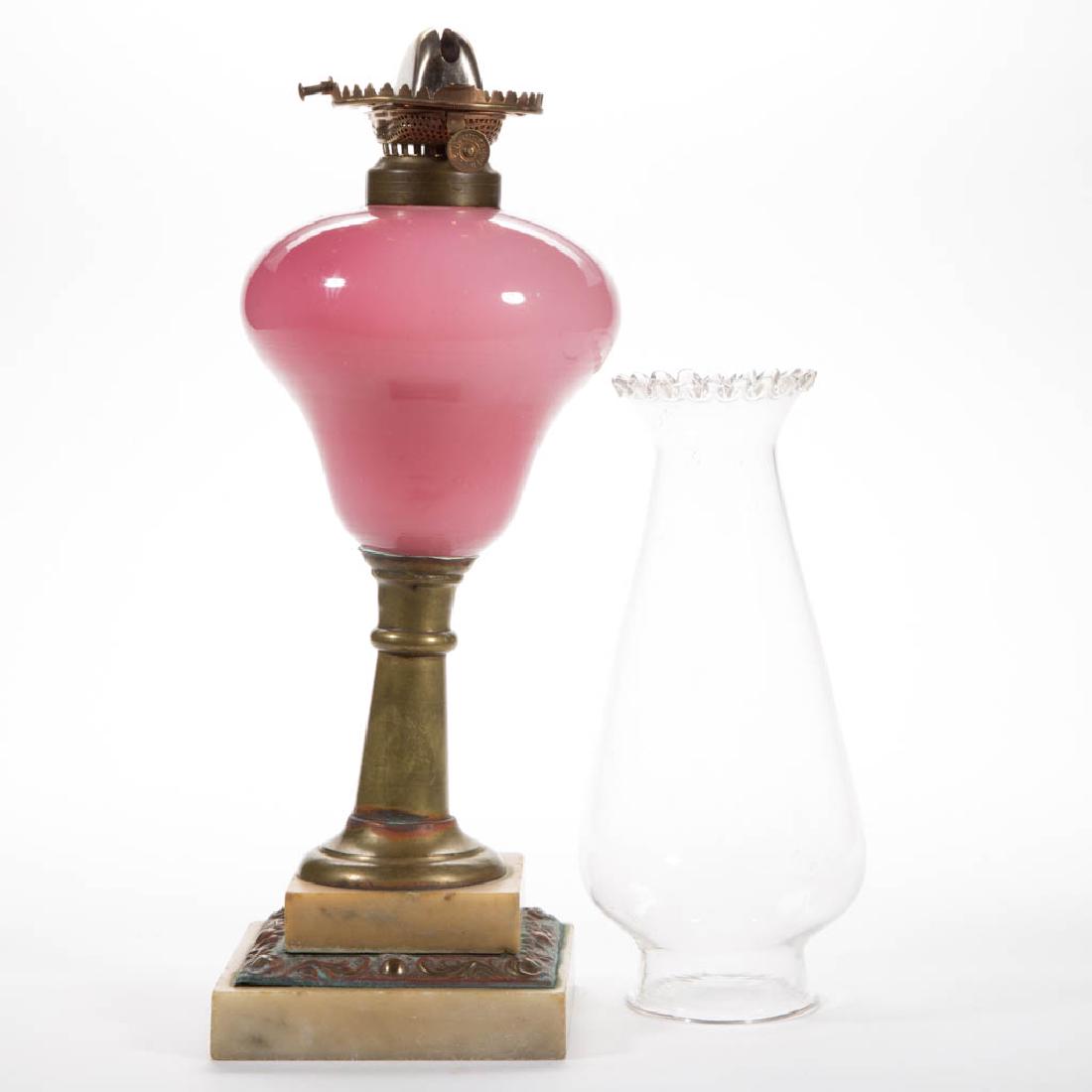 PINK OPALINE GLASS KEROSENE STAND LAMP (1 of 1)