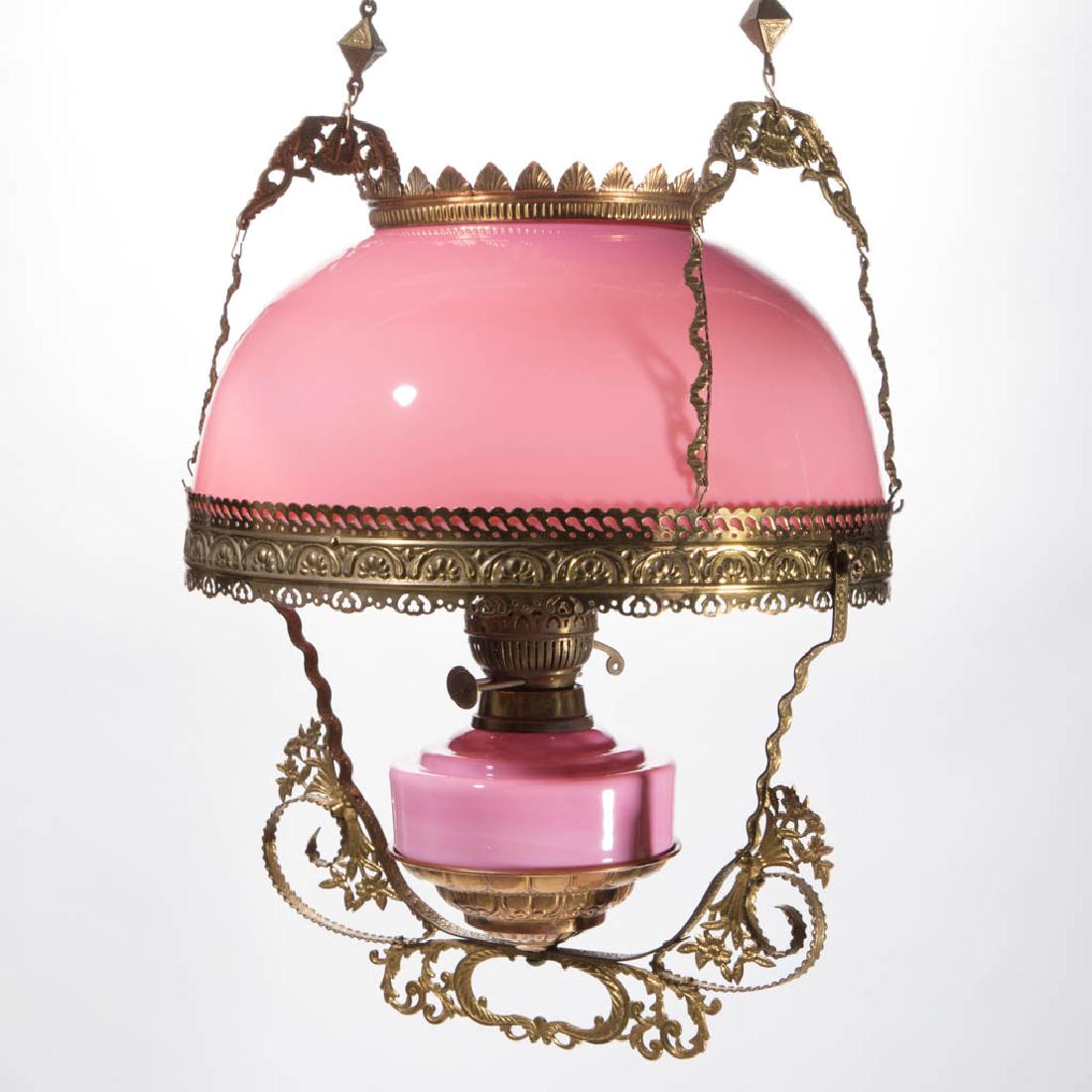 VICTORIAN BRASS AND GLASS HANGING / LIBRARY LAMP (1 of 2)