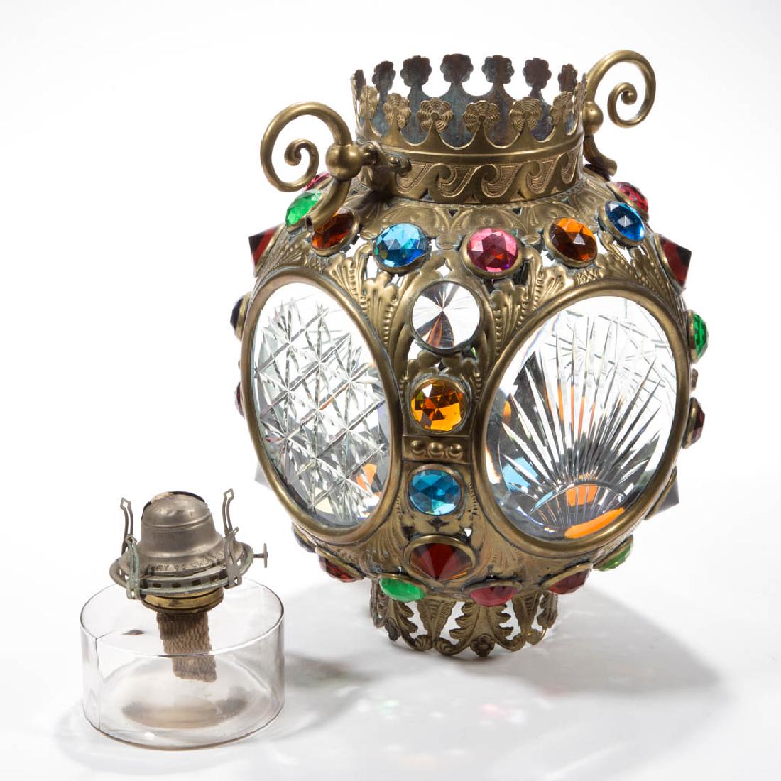 VICTORIAN BRASS AND JEWELED KEROSENE HANGING HALL LIGHT (1 of 1)