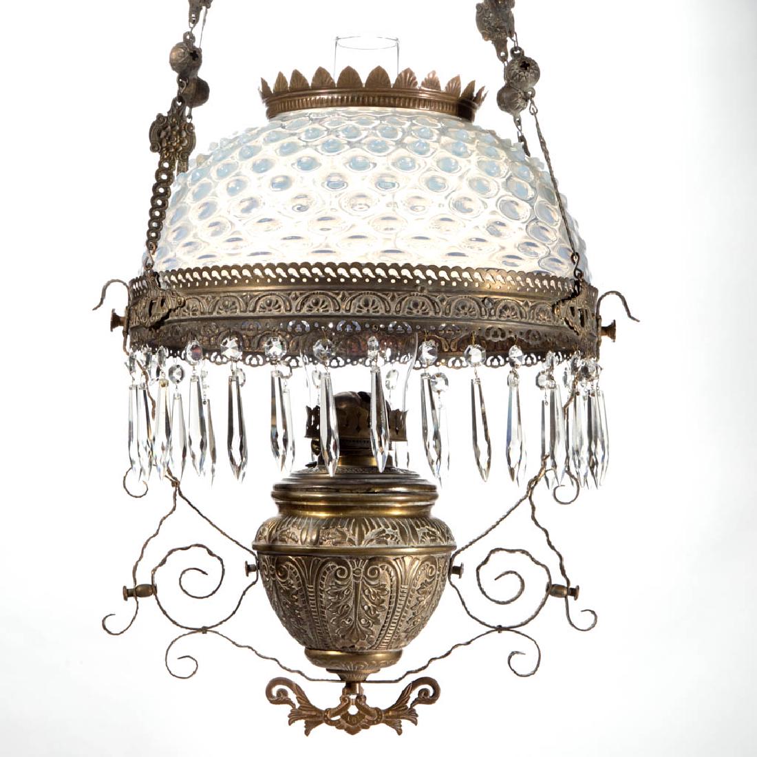 VICTORIAN BRASS AND GLASS HANGING / LIBRARY LAMP (1 of 2)