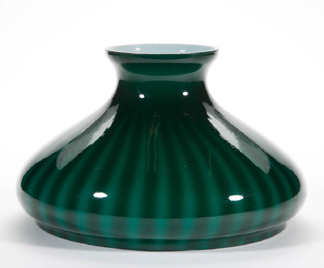 EMERALITE ZEBRA STRIPE DESIGN TAM-O-SHANTER LAMP SHADE: EMERALITE ZEBRA STRIPE DESIGN TAM-O-SHANTER LAMP SHADE, opal-cased deep green. First half 20th century. 7" H, 9 7/8" D fitter.Undamaged.Literature: Parallels Miller/Solverson - Student Lamps of the Vi