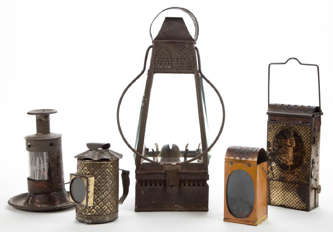 ASSORTED GLASS AND SHEET-IRON LANTERN ARTICLES, LOT OF: ASSORTED GLASS AND SHEET-IRON LANTERN ARTICLES, LOT OF SIX, comprising a Dietz pocket example/Smith I, fig. 1; a full-size conical-form with square base and beveled panes; and three small examples inc