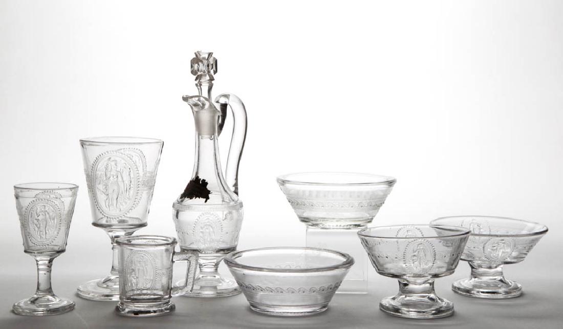 CUPID AND VENUS / RICHARDS & HARTLEY NO. 500 ARTICLES,: CUPID AND VENUS / RICHARDS & HARTLEY NO. 500 ARTICLES, LOT OF EIGHT, colorless, including a cruet with Maltese-cross stopper and a period sticker stating "I FORGET THEE NEVER", a claret, a wine, and a