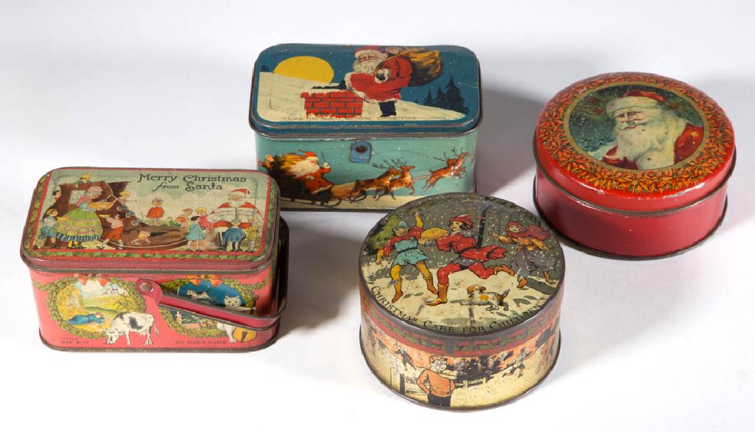 VINTAGE LITHOGRAPHED TIN CHRISTMAS BOXES, LOT OF FOUR (1 of 1)