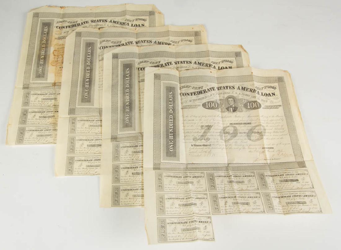CONFEDERATE STATES CIVIL WAR $100 LOAN BONDS, LOT OF (1 of 5)