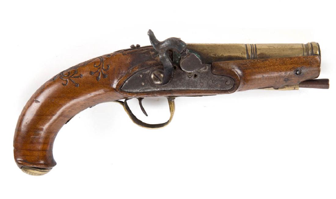 MARKED HALBACH & SONS (BALTIMORE, MD) PERCUSSION: MARKED HALBACH & SONS (BALTIMORE, MD) PERCUSSION HOLSTER PISTOL, maple stock with carved decoration and brass butt cap engraved with eagle head above a shield, 4" brass octagon/round barrel with canno