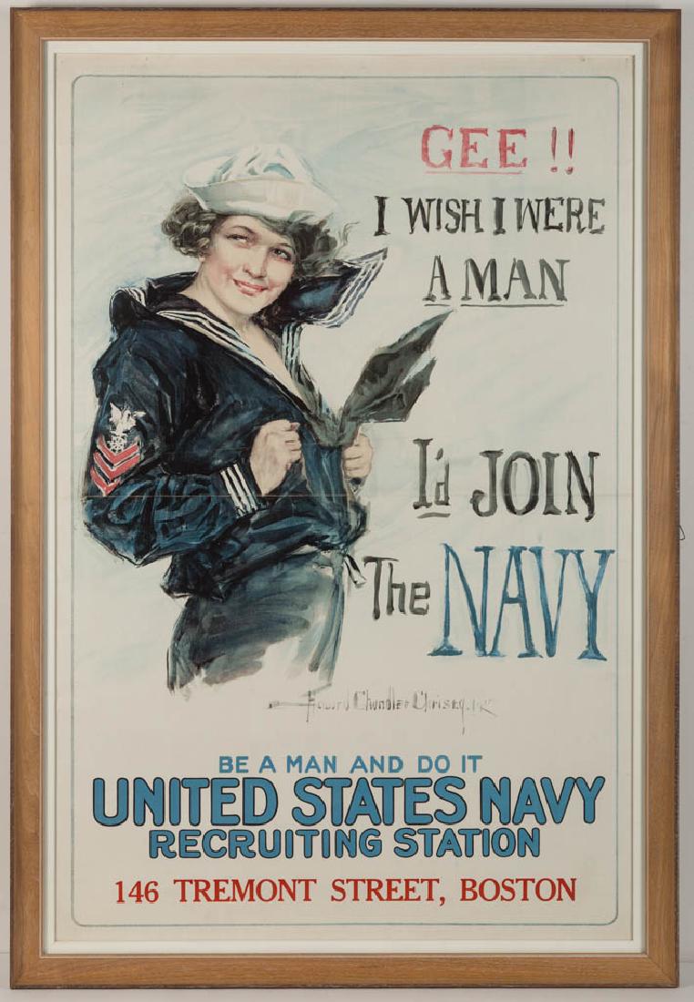 HOWARD CHANDLER CHRISTY (AMERICAN, 1872-1952), WORLD: HOWARD CHANDLER CHRISTY (AMERICAN, 1872-1952), WORLD WAR I / WW1 U.S. NAVY RECRUITING POSTER, depicting a young woman in a blue uniform, lettered "GEE!! I WISH I WERE A MAN / I'd JOIN The NAVY" to rig