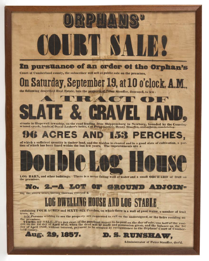 1857 CUMBERLAND CO., PENNSYLVANIA PUBLIC SALE BROADSIDE (1 of 1)