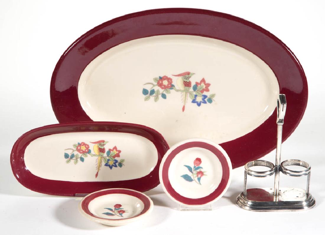 ASSORTED YELLOW BIRD AND OTHER NORFOLK AND WESTERN: ASSORTED YELLOW BIRD AND OTHER NORFOLK AND WESTERN DINNERWARE ARTICLES, LOT OF FIVE, comprising two yellow bird examples, including a 3 3/4" x 7 5/8 ovoid-form celery dish, a 12 1/2" platter with addi
