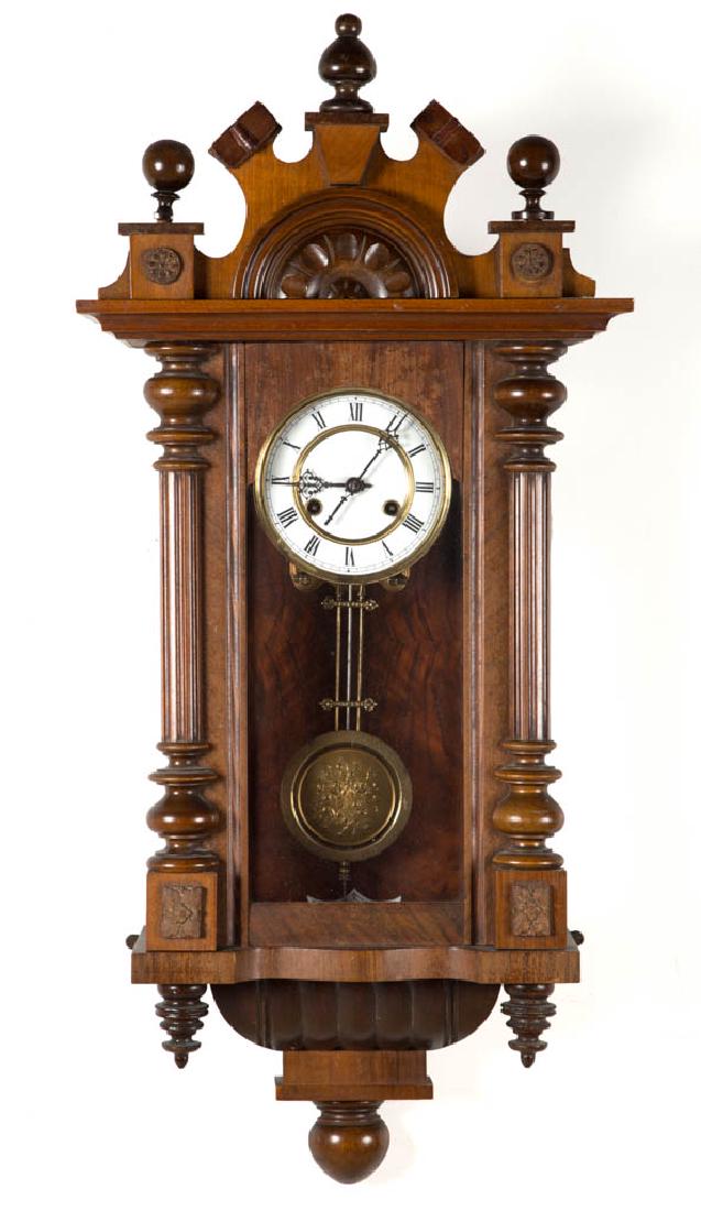 GERMAN REGULATOR WALL CLOCK: GERMAN REGULATOR WALL CLOCK, brass eight-day movement, with Friedrich Mauthe trademark "F/M/S" in divided circle, flanked by "D.R.P." and "N.55006", additionally marked "34/116", coil-gong chime; rect
