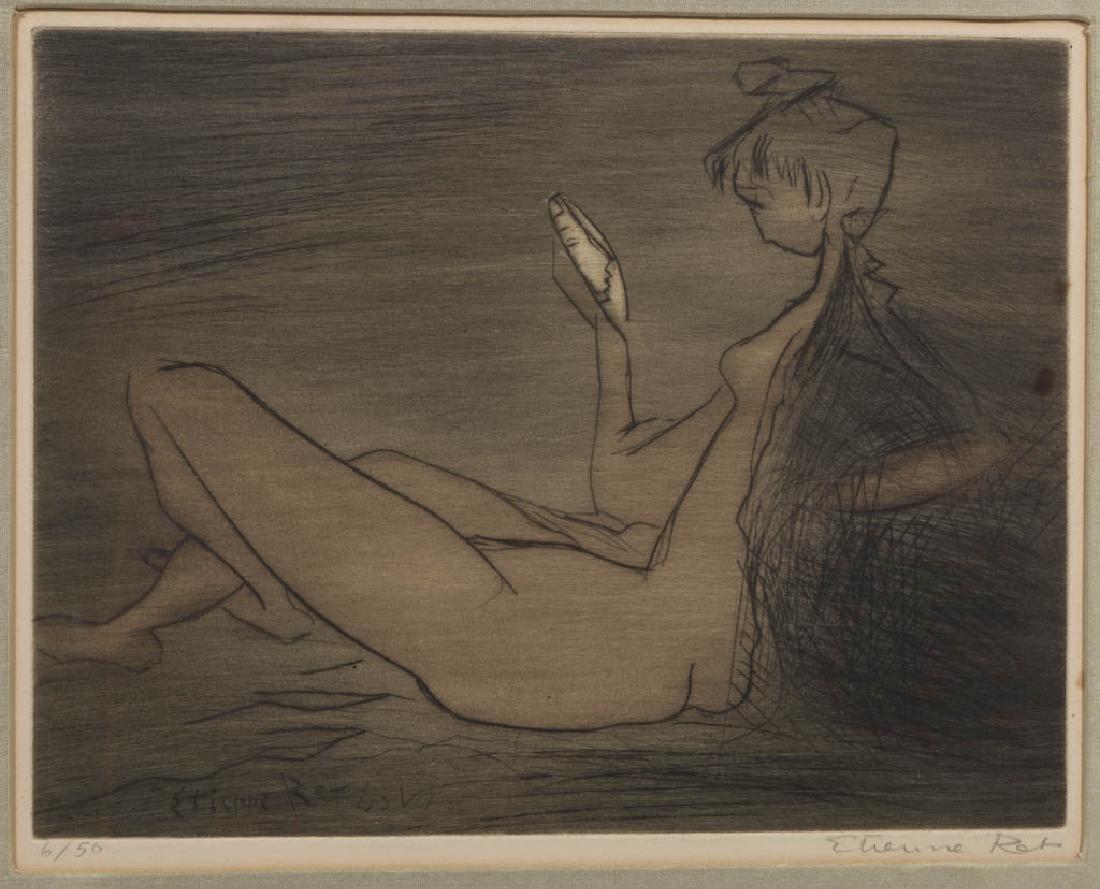 ETIENNE RET (FRENCH, 1900-1996) ETCHING: ETIENNE RET (FRENCH, 1900-1996) ETCHING, stylized nude female form, figure reclining while gazing at an object in her hand, pencil signed in margin and numbered "6/50", signed in plate. Housed under g