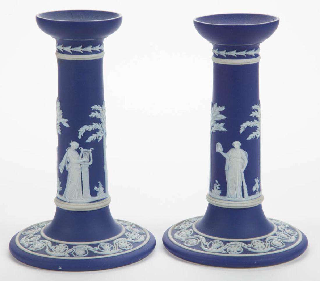 WEDGWOOD JASPERWARE CERAMIC CANDLESTICKS, PAIR