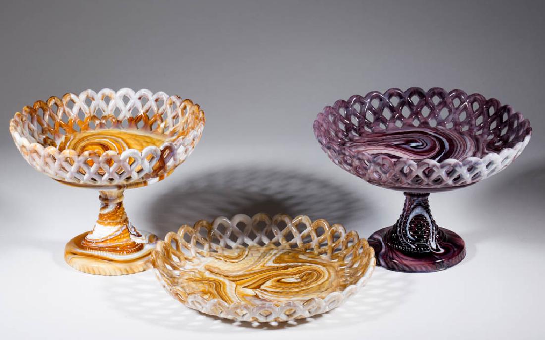 LATTICE EDGE SLAG GLASS OPEN COMPOTES, LOT OF TWO (1 of 1)