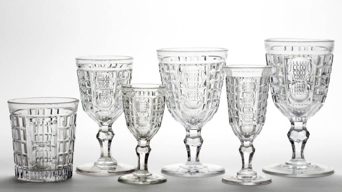 WAFFLE AND THUMBPRINT / PALACE (OMN) DRINKING ARTICLES,: WAFFLE AND THUMBPRINT / PALACE (OMN) DRINKING ARTICLES, LOT OF SIX, colorless lead glass, comprising a large-sized goblet, lady's goblet, jelly glass, champagne, wine, and water tumbler. Pittsburgh an