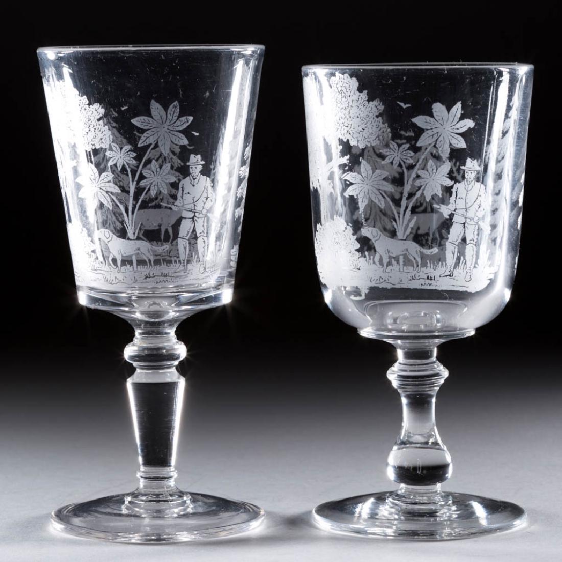 ETCHED DEER AND DOG GOBLETS, LOT OF TWO: ETCHED DEER AND DOG GOBLETS, LOT OF TWO, colorless, comprising one example with U-shaped bowl and Mordock Stem C, and one example with Mordock Stem J. Fourth quarter 19th century. 6 1/4" and 6 1/2" H.