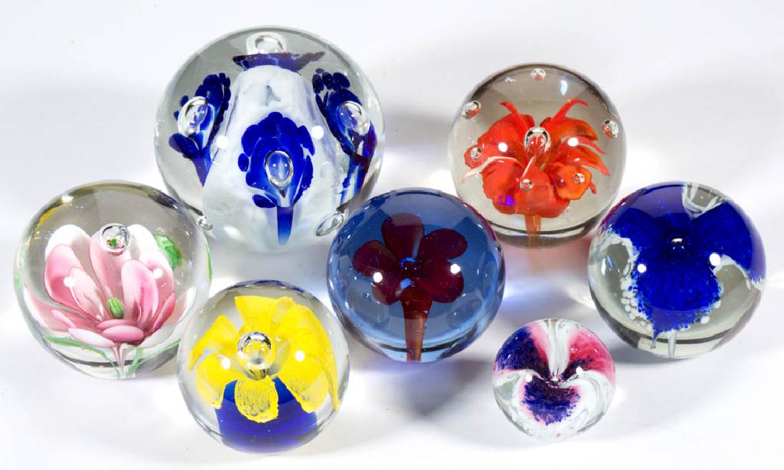 ASSORTED FLORAL GLASS PAPERWEIGHTS, LOT OF SEVEN (1 of 1)