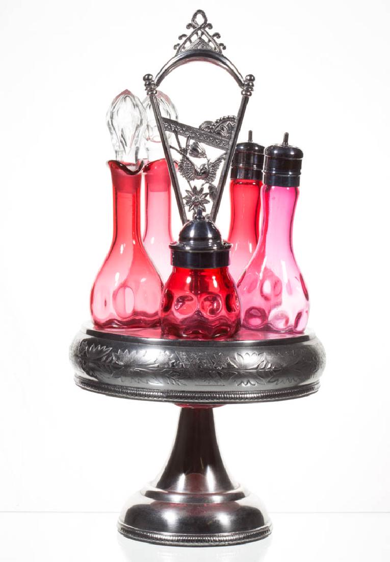 VICTORIAN CRANBERRY SPOT-OPTIC FIVE-BOTTLE CASTER SET (1 of 1)
